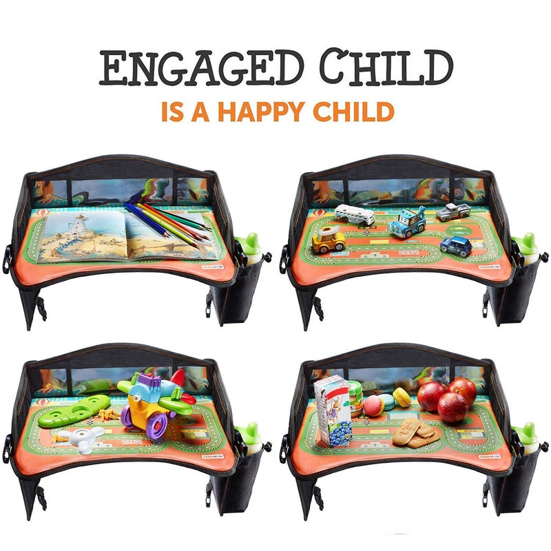 Coolmum Kids Travel Tray, Toddler Car Seat Tray, Double Sided Activity Organizer, Snack Lap Tray, Baby Stroller Table, Airplane Play Table, Waterproof and Foldable (Premium Black) - Image 4